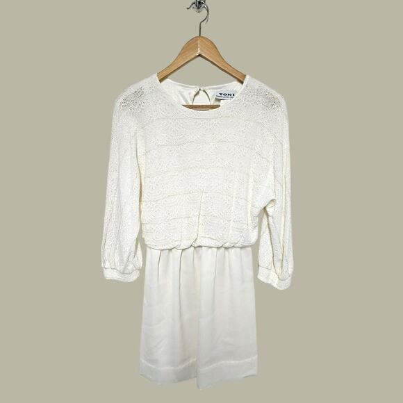 Vtg 80s Toni Petite Lace Dolman Sleeve Blouson Dress Size 8P USA Winter White - Picture 2 of 13